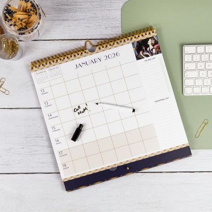 Claire Coxon 2026 Family Organiser Wall Calendar | Large Monthly Planner with 5 Columns, Pen, Wipe-Clean Overlay & Tear-Off Shopping & To-Do Lists |Art Deco Design