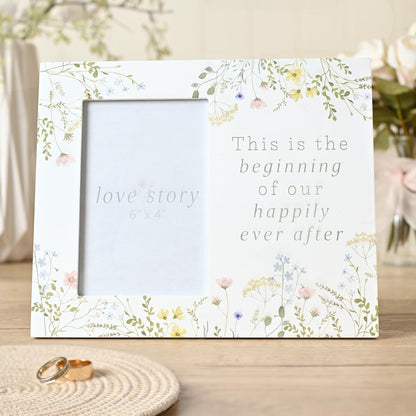 Love Story Wildflower Photo Frame 4" x 6" – Happily Ever After | Freestanding Floral Picture Frame with Romantic Quote | Gift for Engagement, Wedding, or Anniversary
