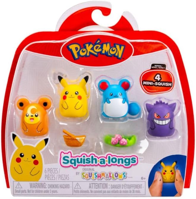 Squish-a-longs SQAL0068 4-Pack - Pikachu, Gengar, Marill, Teddiursa - 2 Accessories Included