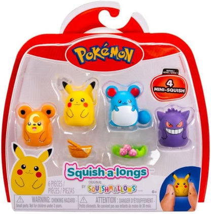 Squish-a-longs SQAL0068 4-Pack - Pikachu, Gengar, Marill, Teddiursa - 2 Accessories Included