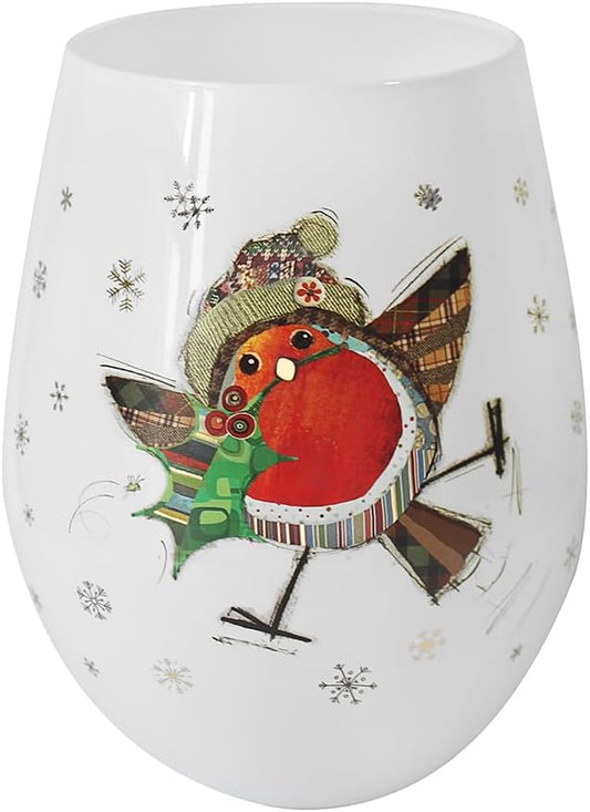 Lesser & Pavey Christmas Stemless Wine Glasses | Stemless Wine Glass for Both Red & White Wine | No Stem Robin Holly Wine Glasses Perfect for Xmas - Bug Art