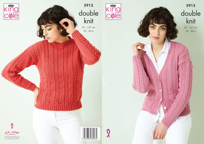 King Cole Ladies Double Knit DK Knitting Pattern Cable Sweater & Cardigan (5915)
