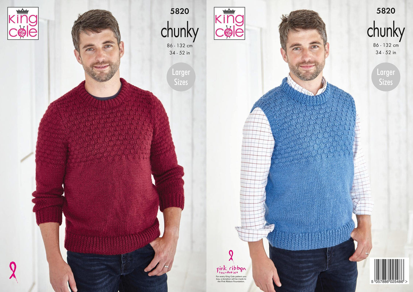 King Cole 5820 Knitting Pattern Mens Round Neck Sweater and Slipover in Big Value Chunky