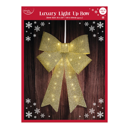 Eurowrap Large Gold Light Up Christmas Bow Decoration Indoor LED Door Bow 60cm x 40cm