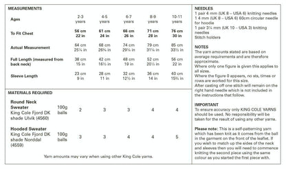 Knitting Pattern Childrens Long Sleeve Jumper and Hoodie in Fjord DK 5650 King Cole