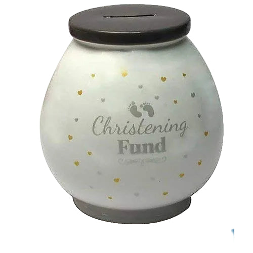 "Christening Fund" White Fun Novelty Money Box Jar