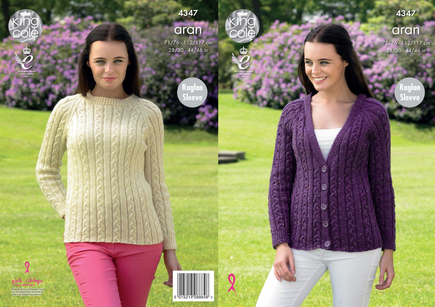 King Cole 4347 Knitting Pattern Raglan Sleeve Cardigan and Sweater in King Cole Fashion Aran