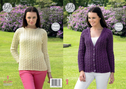 King Cole 4347 Knitting Pattern Raglan Sleeve Cardigan and Sweater in King Cole Fashion Aran