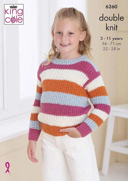 King Cole Kids Double Knit Knitting Pattern Girls Sweater & Button Cardigan (6260), 22” – 28” (56cm – 71cm)