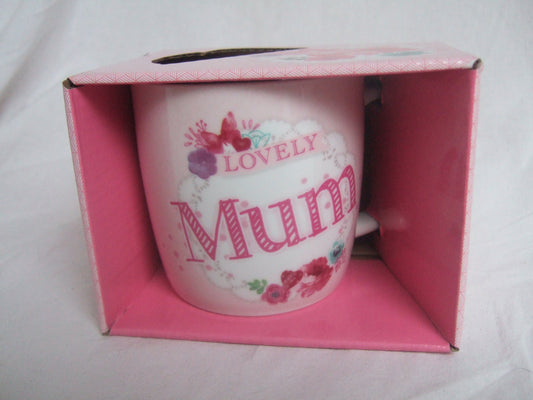 "Lovely Mum" Pink Floral Butterfly Sentimental Mug with Presentation Box