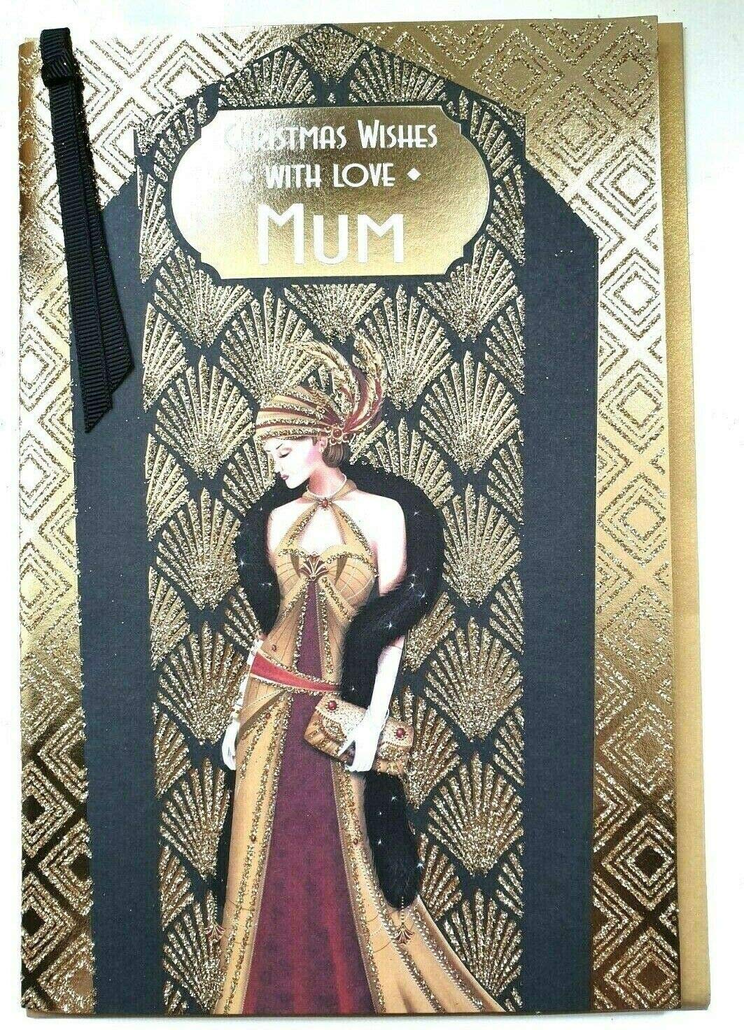 Art Deco - Mum - Glittered Christmas Card with Ribbon Detail - Mother