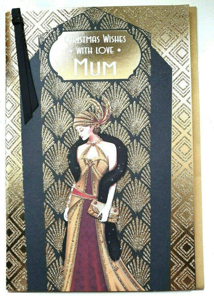 Art Deco - Mum - Glittered Christmas Card with Ribbon Detail - Mother