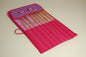 Knitting pins - 8 prs bamboo knitting needles in purple fabric case showing cartoon sheep