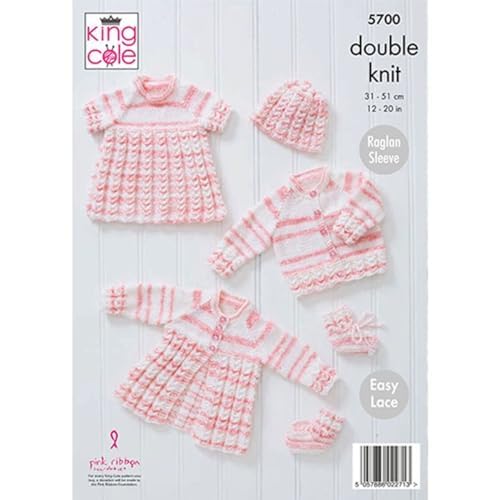 King Cole 5700 Knitting Pattern Baby Cardigan Top Matinee Coat Hat Bootees in Baby Stripe DK