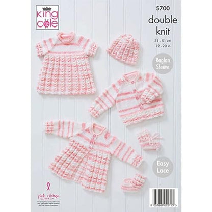 King Cole 5700 Knitting Pattern Baby Cardigan Top Matinee Coat Hat Bootees in Baby Stripe DK