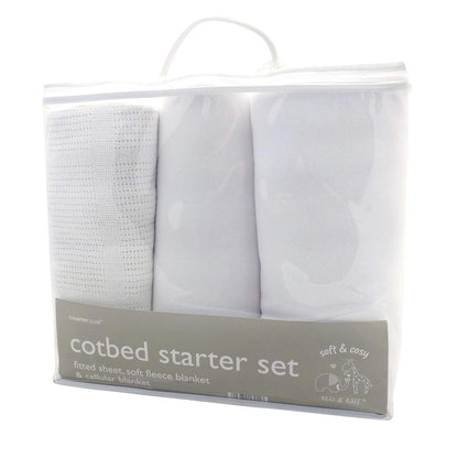 3 Piece Cot Bed Started Set - White - 2 Blankets & Fitted Sheet (Cot Bed Set)