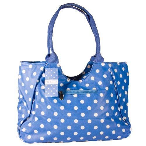 Dotty Designer Matt Finish Oilcloth Large Shopping Bag in Blue With White Dots