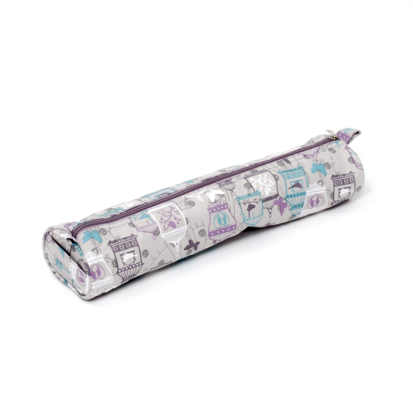 Hobby Gift Soft Knitting Pin Case in a Aqua & Purple Birdcage Pattern on Grey (10 x 42 x 5.5cm)