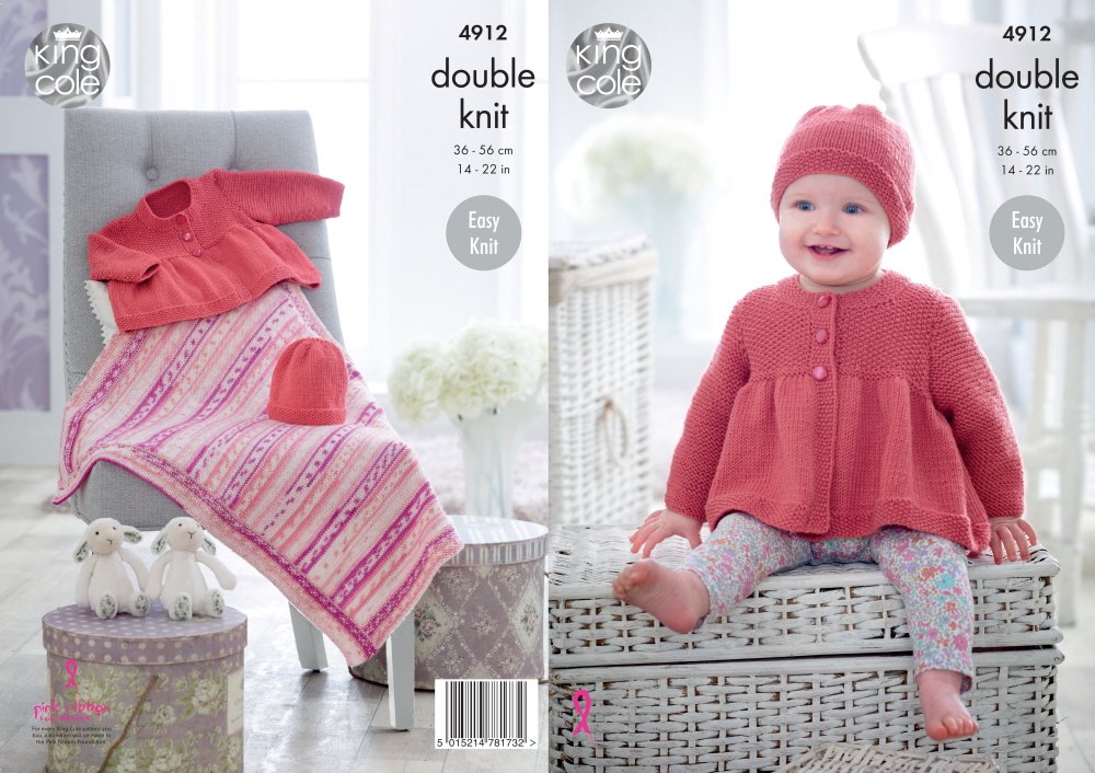 King Cole 4912 Knitting Pattern Baby Easy Knit Jacket Hat & Blanket in Cherish & Cherished DK