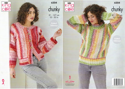King Cole Chunky Knitting Pattern Pamphlet - 6204 Ladies Sweater & Jacket (32-50ins) 2 Designs