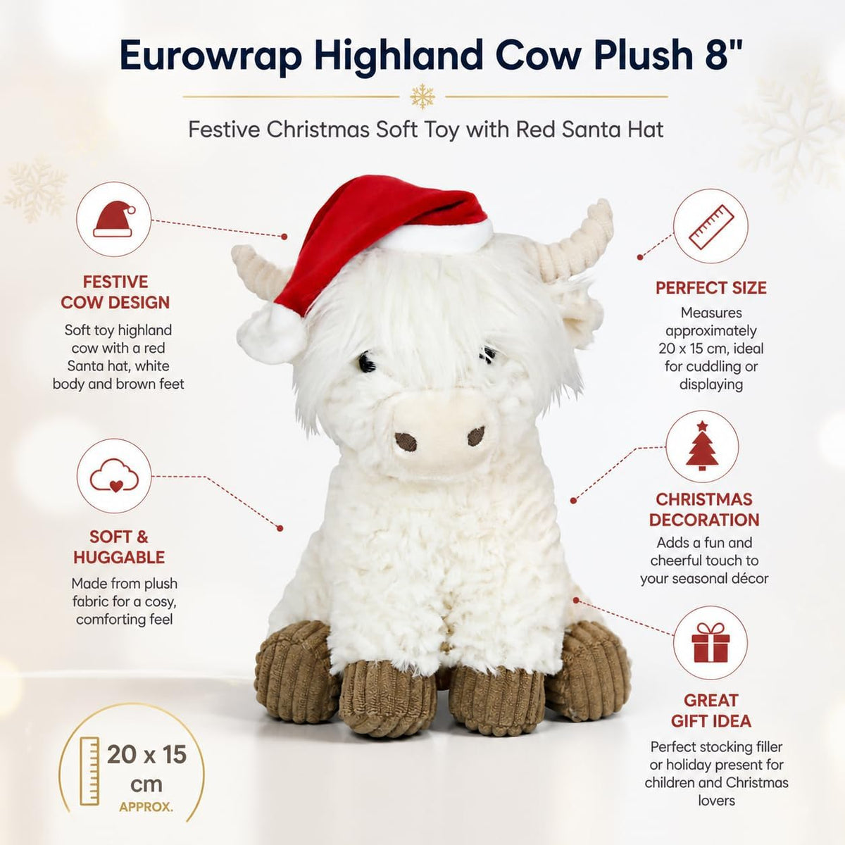 Highland Cow Plush 8 Inch Christmas Soft Toy Santa Hat