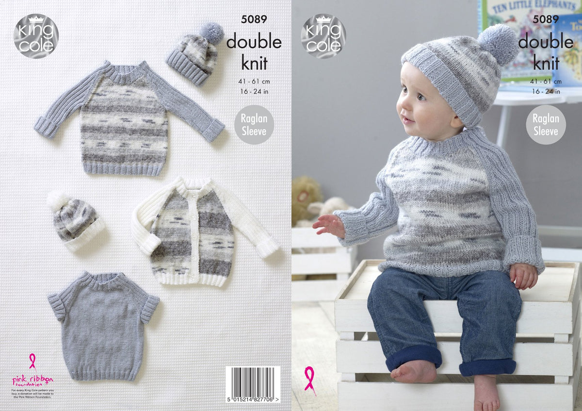 King Cole 5089 Knitting Pattern Baby Cardigan Sweaters and Hat in Splash DK and Big Value Baby DK