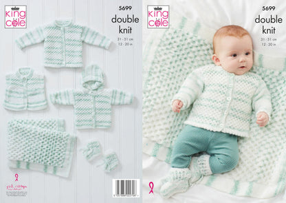 King Cole 5699 Knitting Pattern Baby Cardigan Waistcoat Hoody Blanket Bootees in Baby Stripe DK