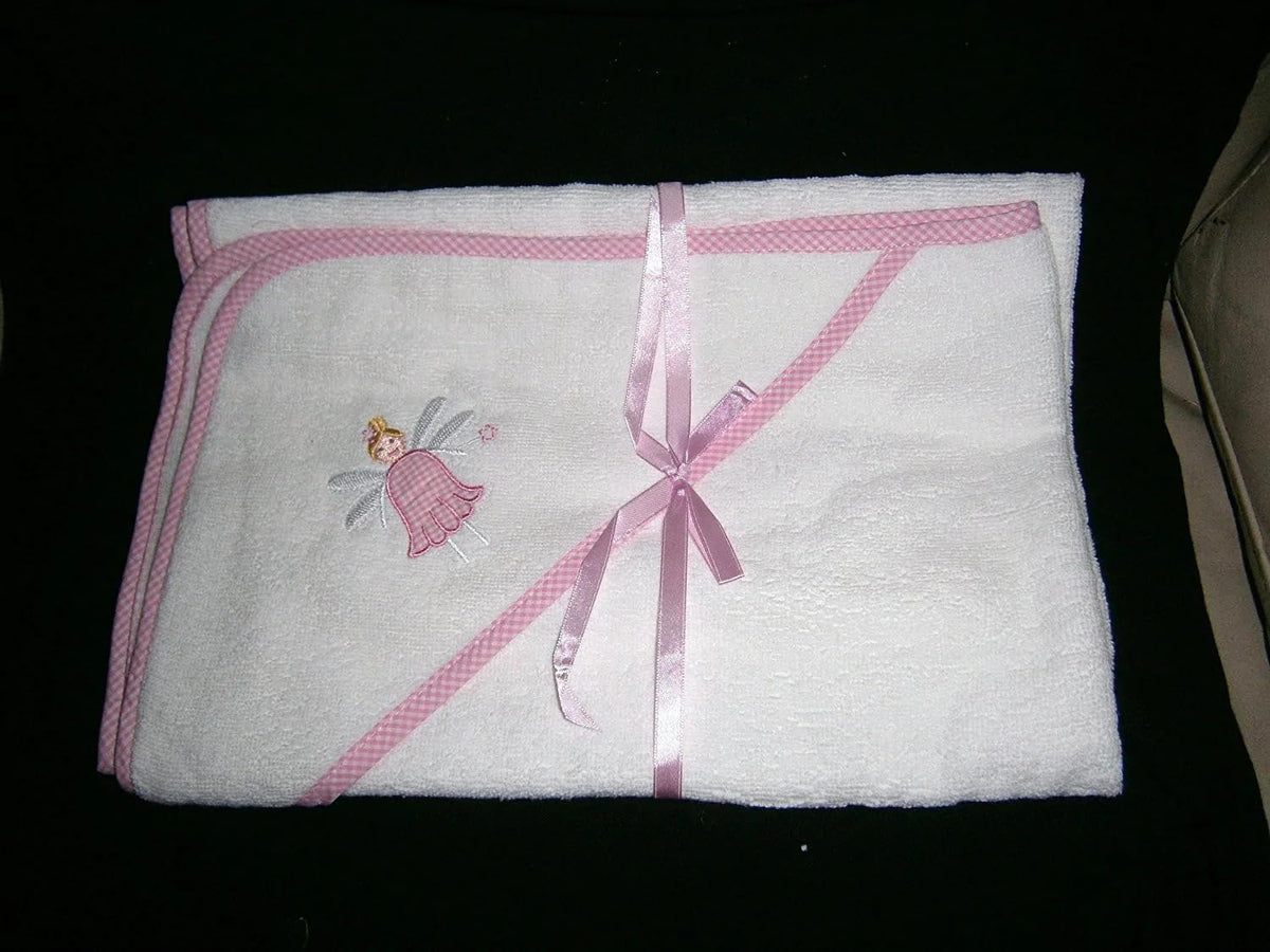Powell Craft baby girl white pink gingham edged embroided fairy mottif hooded towel size30 x30