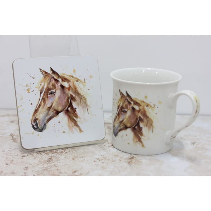 lesser and pavey LP34127 Ceramic Mug & Coaster | Country Life Horse design | Set of 2 Tableware, White
