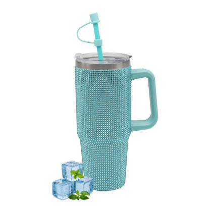 Lesser & Pavey Thirsteez Teal Diamante Drinks Cup for Hot Or Cold Drinks | Large Thermal Travel Mug with Lid & Straw for Office, Gym, Home Or Travel | Insulated Tumbler Coffee Cups for Daily Use