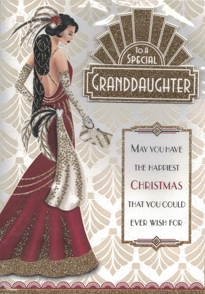 Special Granddaughter Christmas Card***Golden Art Deco 3D Design***Large 10 X 7 INCHES***