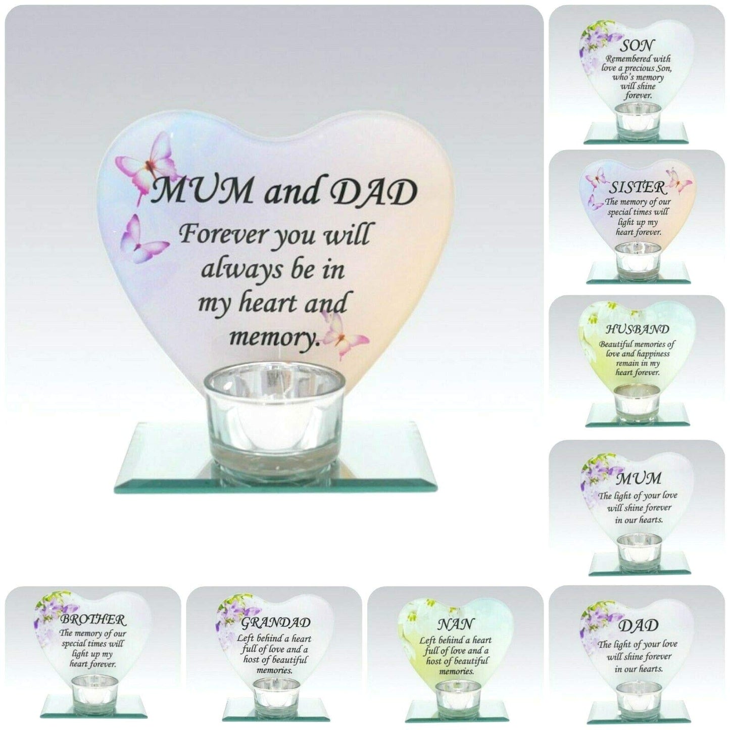 Husband Glass Heart Memorial Plaque Tealight Candle Holder Floral