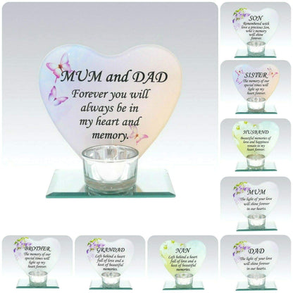 Husband Glass Heart Memorial Plaque Tealight Candle Holder Floral