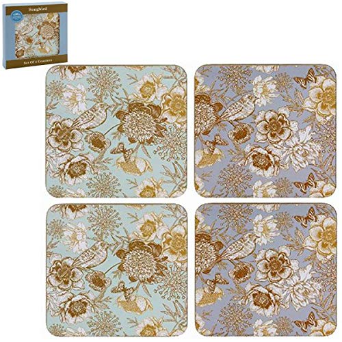 Lesser & Pavey Songbird Duck Egg Blue Gold Floral Dinner Coasters Set Of 4