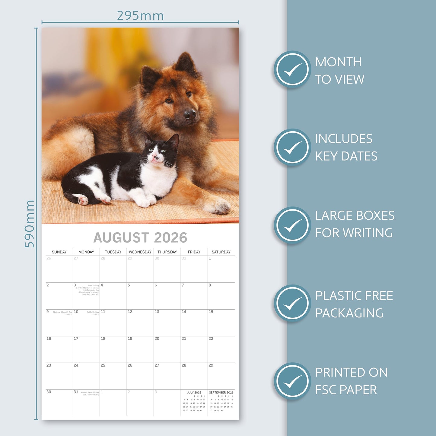 TGSC | Cats & Dogs 2026 Calendar 16 Month (Sept 2025-Dec 2026) Family Square Wall Calendar 2026 UK | Planner with Large Grid for Home or Office Organisation - Animals 2026/2025 Calendar UK
