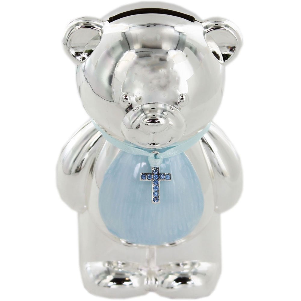 The Leonardo Collection Blue Teddy Money Box - Silver Plated