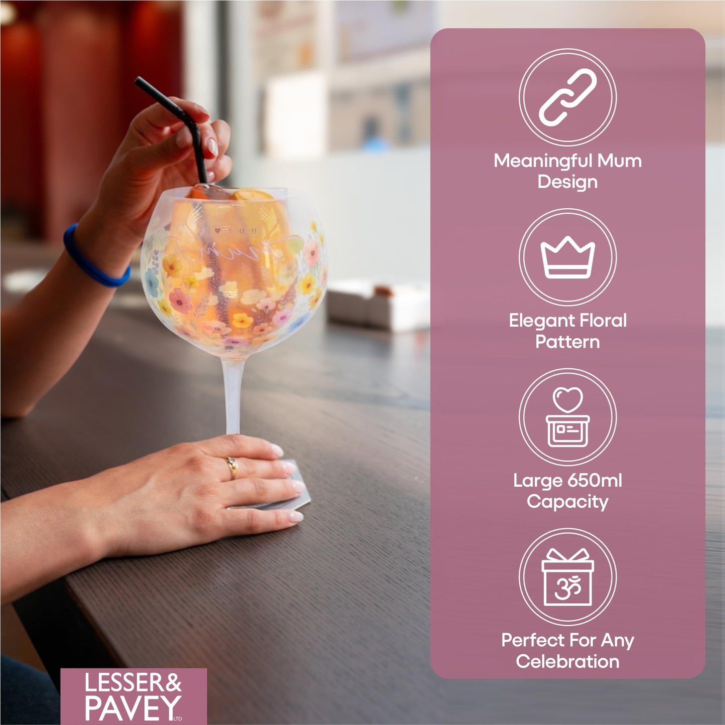 Lesser & Pavey I Love You Mum Range Mum Gin Glass for Home, Kitchen, Restaurant & Parties | Lovely Gin Glassware for Drinks | Lovely Gift for Women, Men, Wedding & Christmas