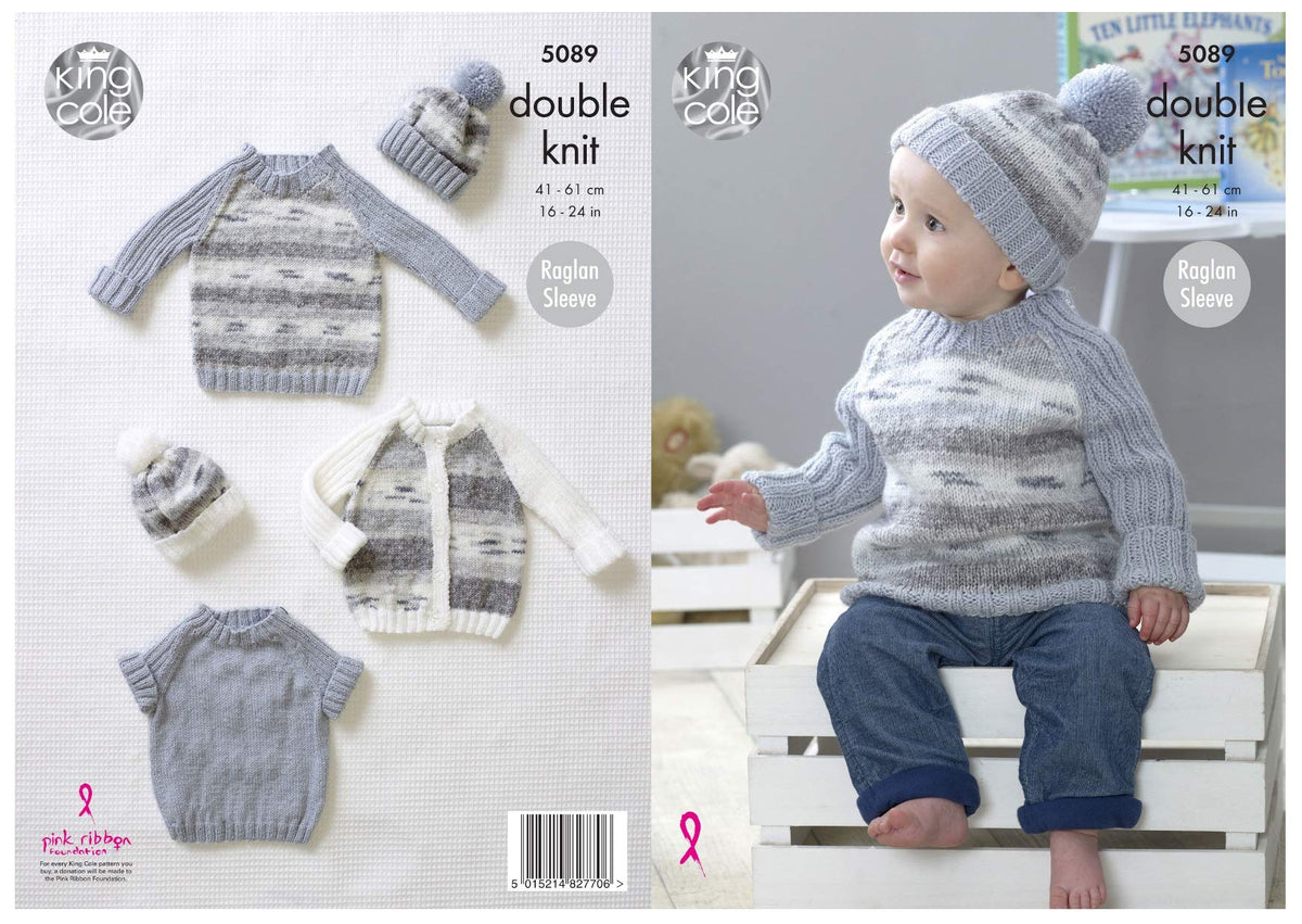 King Cole 5089 Knitting Pattern Baby Cardigan Sweaters and Hat in Splash DK and Big Value Baby DK