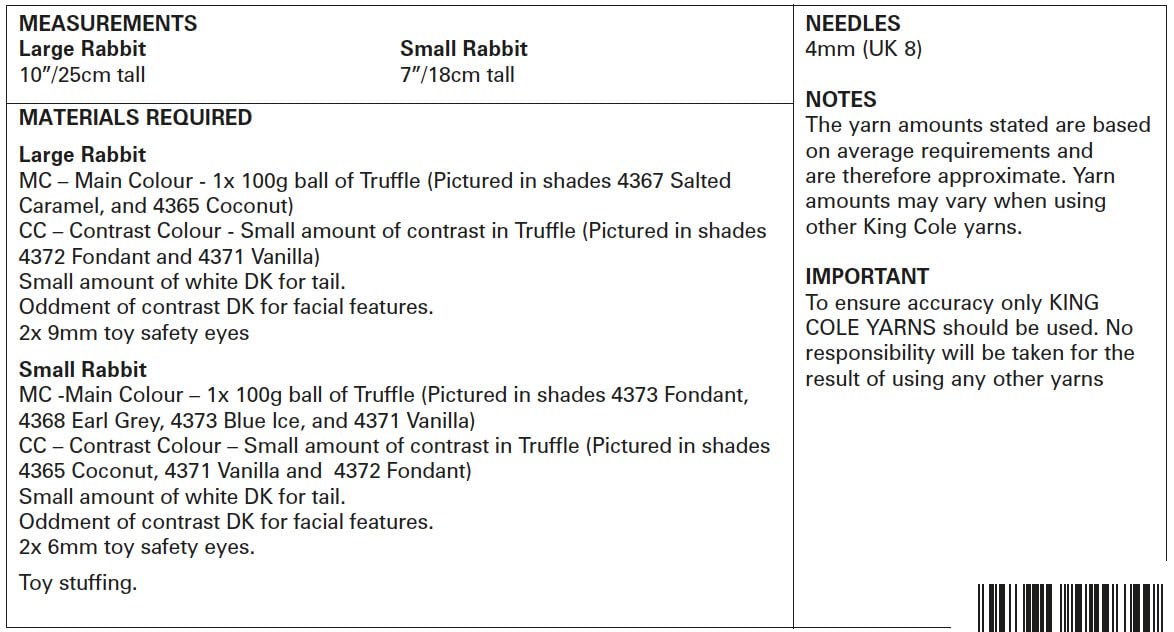 King Cole Truffle Knitting Pattern for Small or Large Bunny Rabbit Toys (9143)