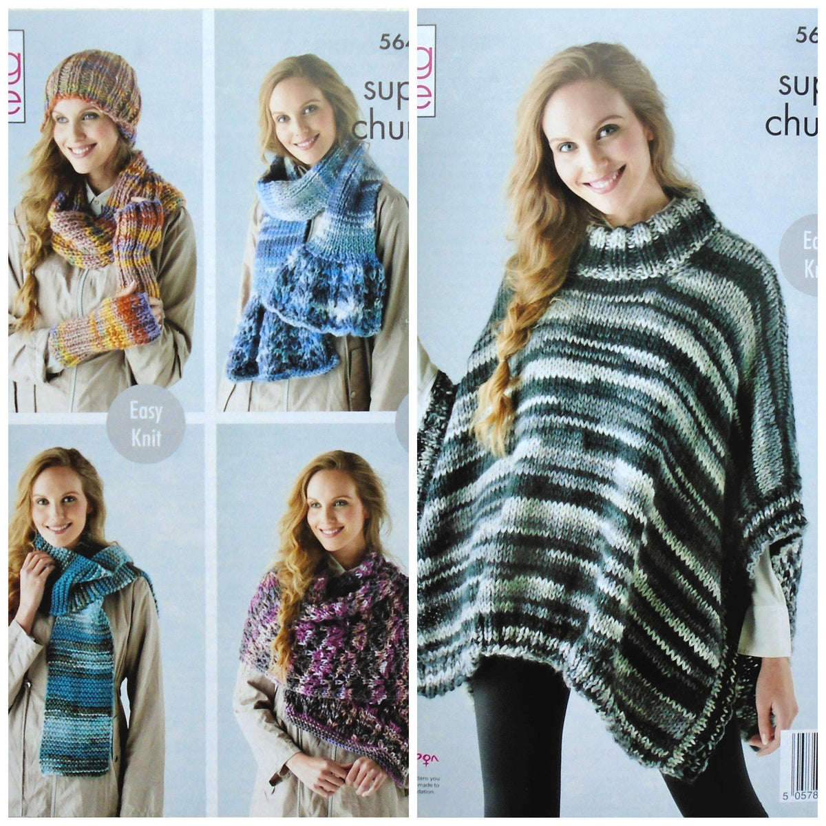 Knitting Pattern Womens Easy Knit Hat Cowl Wristwarmers Scarves Lace Wrap and Poncho in Quartz Super Chunky King Cole 5640