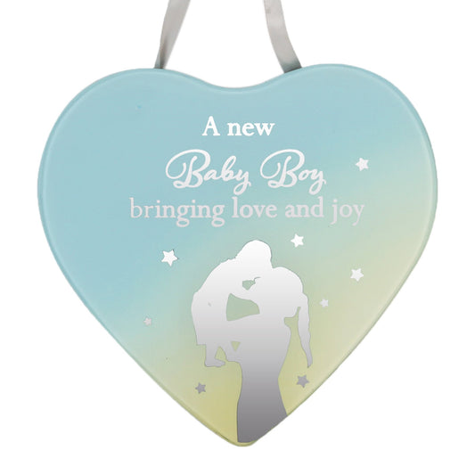 Reflections Mirror Glass Hanging Heart Plaque Gift – A new Baby Boy, bringing love and joy