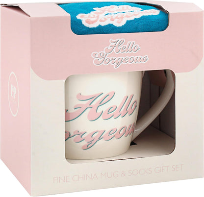 Lesser & Pavey His N Hers Hello Gorgeous Mug & Sock Gift Set 480ml for Coffee, Tea and Hot Drinks | Fine China Coffee Mugs for Daily Use | Practical Drinkware Gifts for Women & Men
