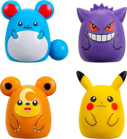 Squish-a-longs SQAL0068 4-Pack - Pikachu, Gengar, Marill, Teddiursa - 2 Accessories Included