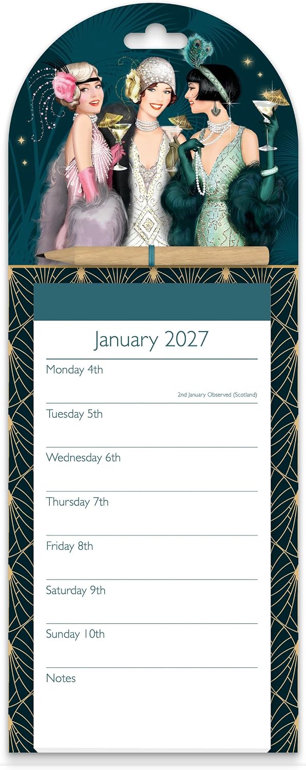 Claire Coxon Art Deco 2027 Magnetic Weekly Calendar | Magnetic Fridge Organiser with Tear-Off Pages, Pencil & Vintage-Inspired Design
