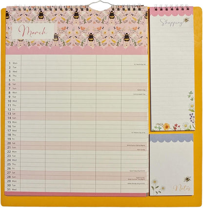2027 Family Calendar 5 Column Organiser with Shopping List and Note Pad - Bees