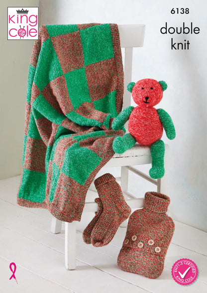 King Cole DK Knitting Pattern - 6138 Check Blanket Teddy, Socks & Hot Water Bottle