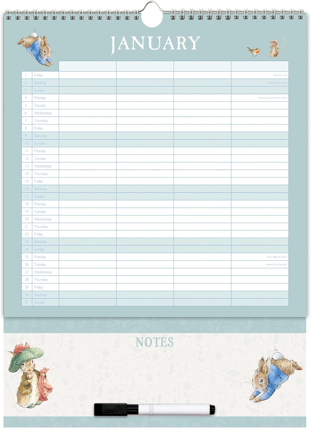 Peter Rabbit 2027 Family Organiser Wall Calendar | Large 4-Column Monthly Planner with Wipe-Clean Notes Section, Pen & Hanging Loop | Beatrix Potter Design