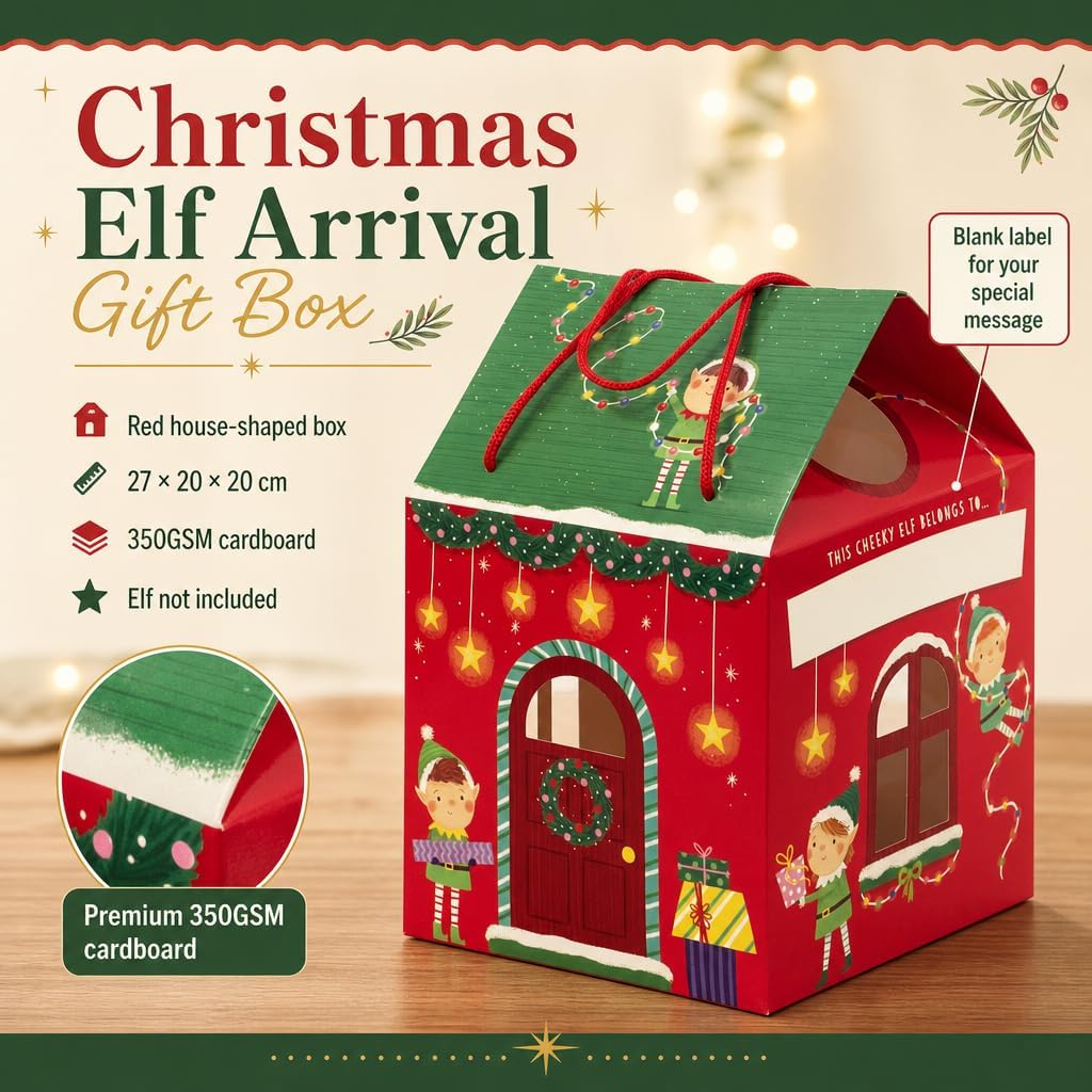 Design By Violet Red Christmas Elf Arrival House Gift Box with Handles 27cm  no elf