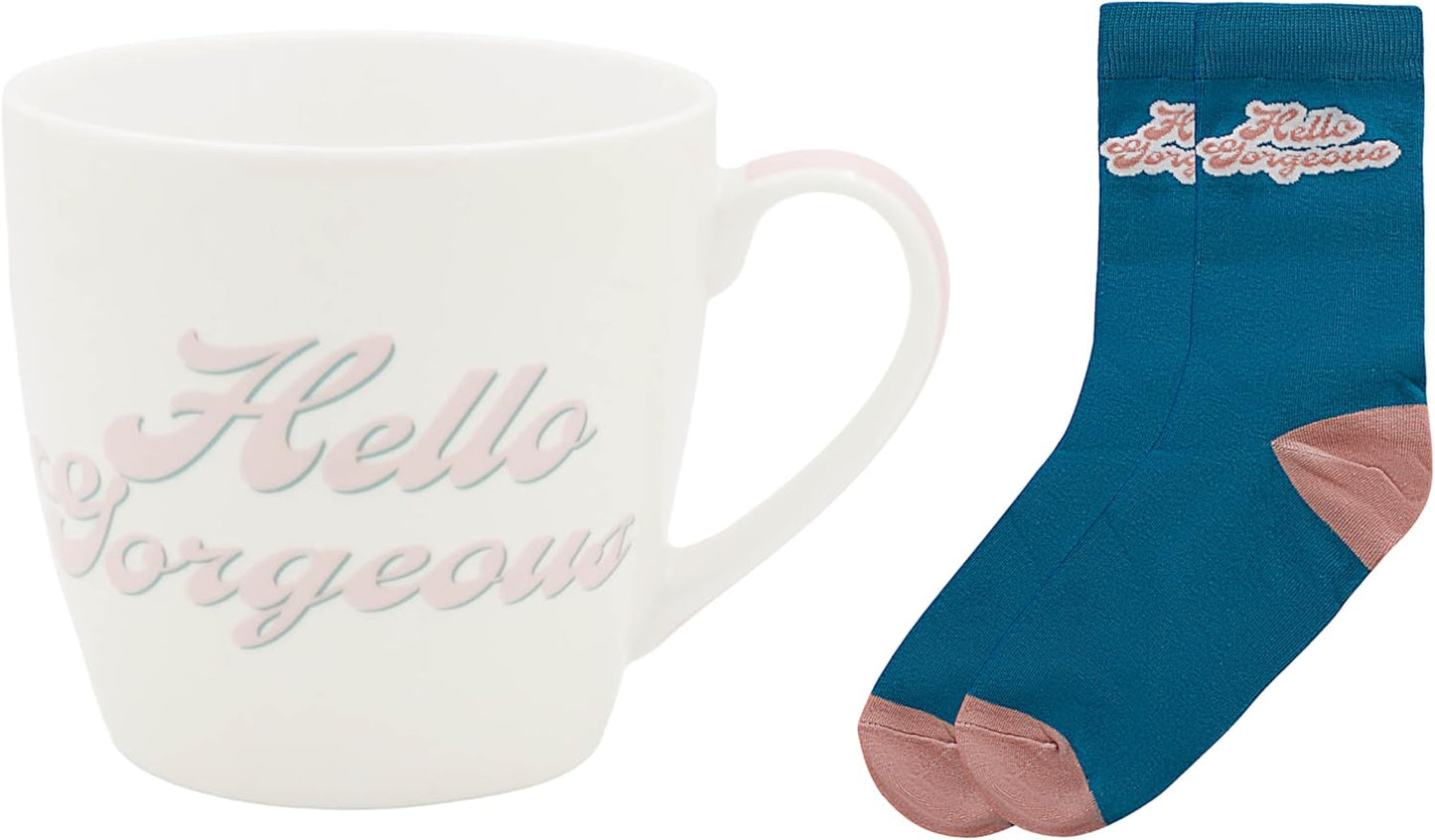 Lesser & Pavey His N Hers Hello Gorgeous Mug & Sock Gift Set 480ml for Coffee, Tea and Hot Drinks | Fine China Coffee Mugs for Daily Use | Practical Drinkware Gifts for Women & Men