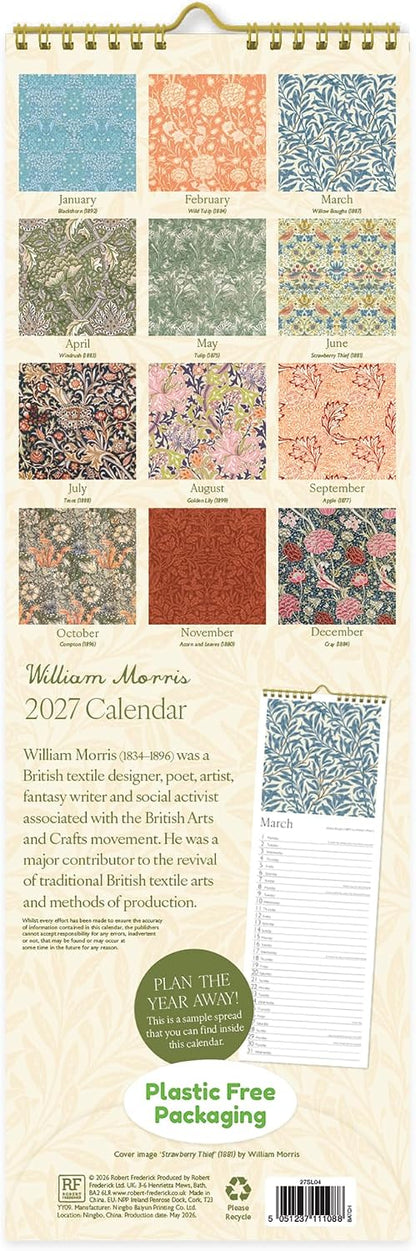 William Morris 2027 Slim Wall Calendar | Monthly Planner Featuring Iconic Designs Including Strawberry Thief, Cray & Blackthorn